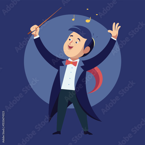 Passionate man conductor with a baton raised, eyes closed, leading an orchestra with emotion.