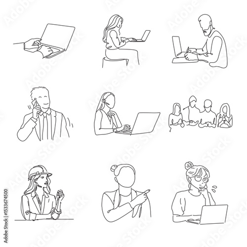 Continuous One Line Art of Business People Working - Vector Illustration Set