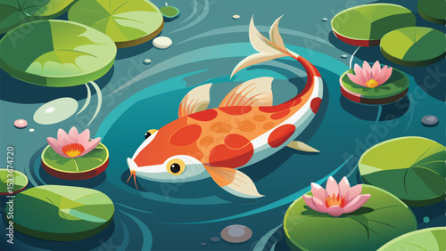 Vector illustration of a colorful koi fish swimming among lily pads