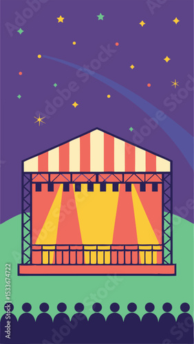 Vector illustration of a concert stage under the stars with crowd silhouettes