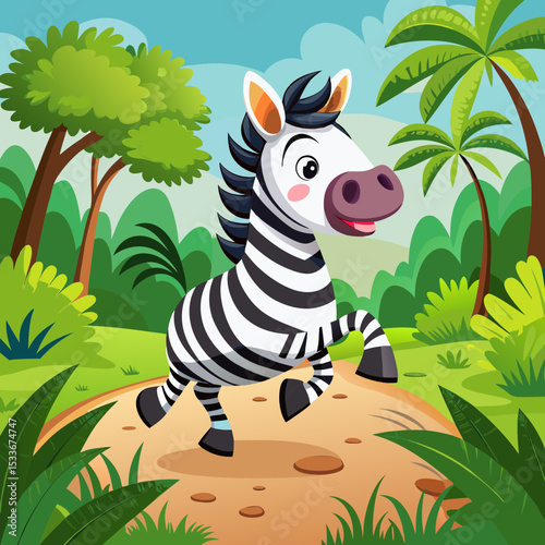  Cute zebra running in african savanna landscape