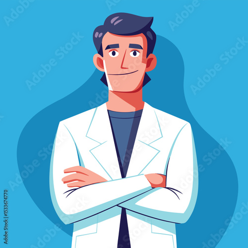 A man, doctor, in a white lab coat, arms crossed, embodying professionalism.