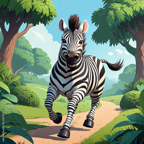 Happy zebra running in african savanna