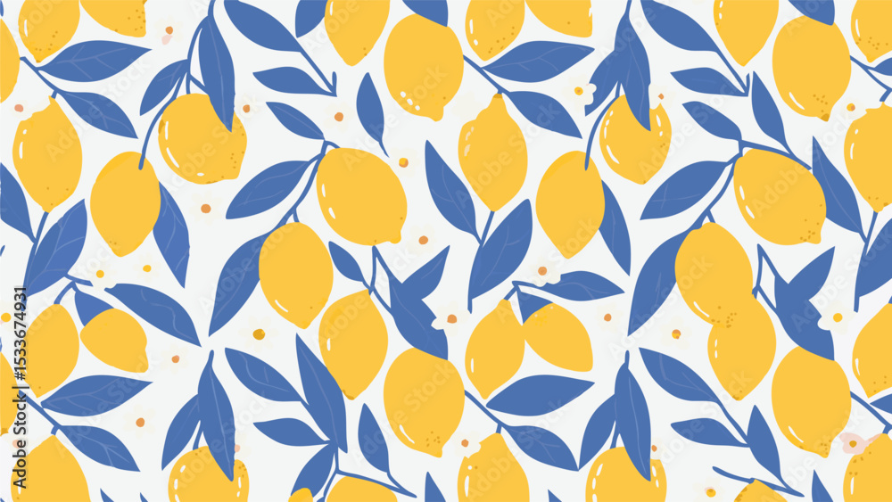 Fototapeta premium Seamless pattern of yellow lemons with blue leaves on a white background surface design vector art print
