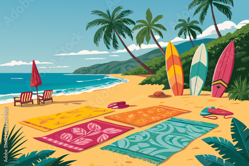 Golden beach scene with vibrant towels, surfboards, and clear turquoise water.  Sunlight illuminates the idyllic beach paradise.