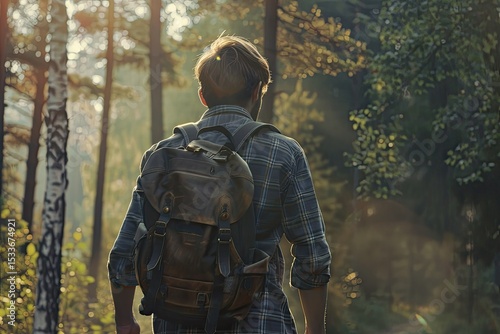 Vibrant Color Image of Side View Man with Backpack in Forest