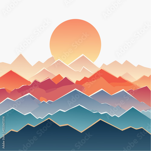 striking silhouette of a layered mountain range at sunset, showcasing a vibrant gradient of warm colors in the sky