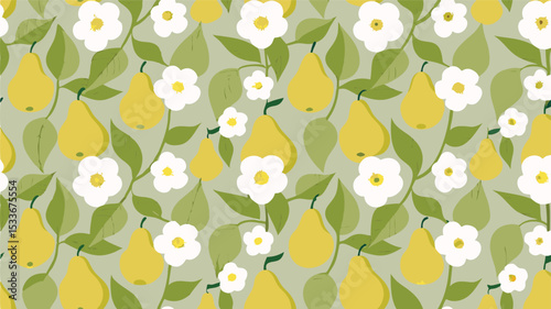 Seamless pattern with yellow pears white flowers and green leaves scattered on a light green background design