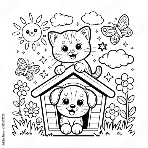 Cartoon cat and dog in a doghouse surrounded by nature elements