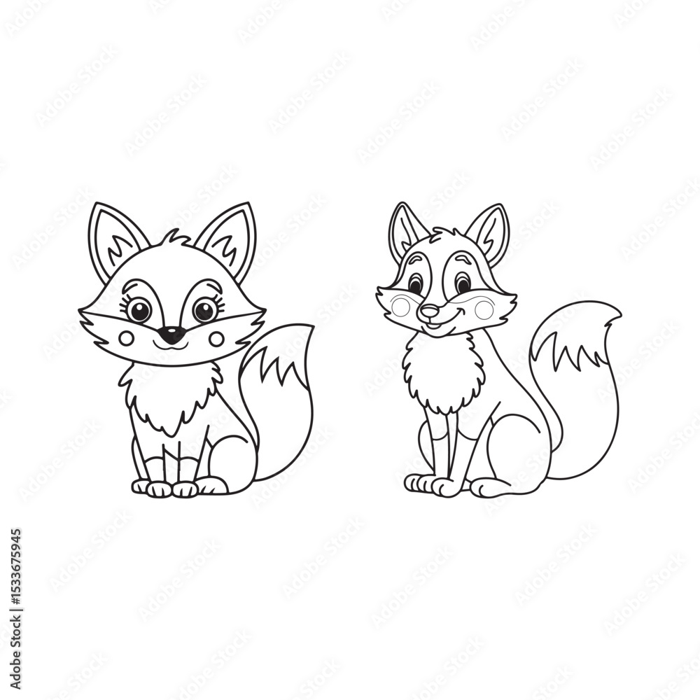 Obraz premium Two cute cartoon foxes isolated on white background in black and white
