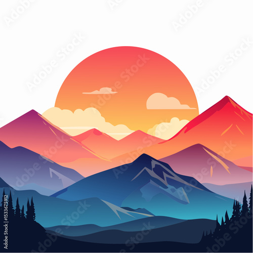 striking silhouette of a layered mountain range at sunset, showcasing a vibrant gradient of warm colors in the sky