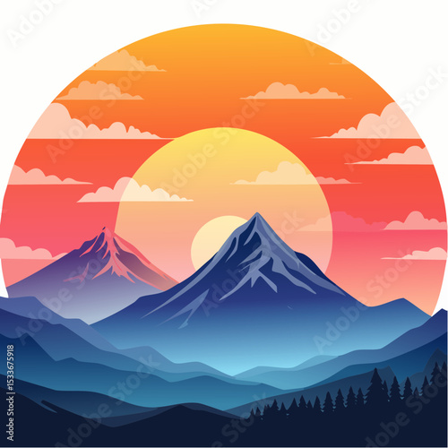striking silhouette of a layered mountain range at sunset, showcasing a vibrant gradient of warm colors in the sky
