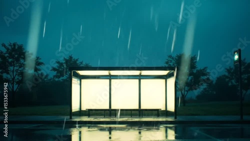 Glowing bus stop shelter standing alone under heavy rain on dark street with wet pavement reflections and distant trees. Transportation concept

