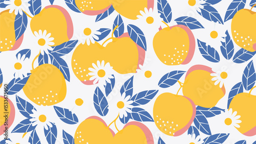 Seamless pattern of yellow peaches with white flowers and blue leaves on a white background design elements