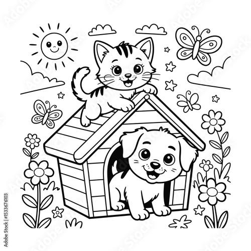 Cartoon cat and dog in a doghouse surrounded by flowers and butterflies