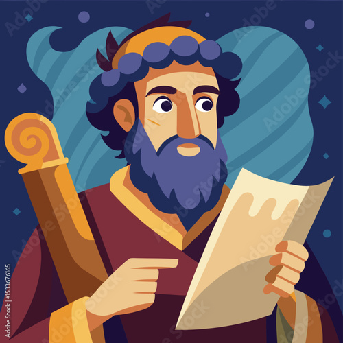 A man, historian, holding an ancient scroll, looking knowledgeable and wise.