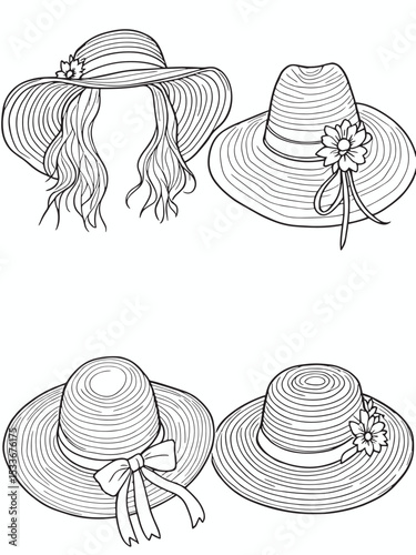 Women?s straw hat line art; elegant casual sun protection.eps