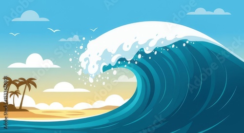 Illustration of a large ocean wave near a tropical beach with palm trees and a bright blue sky view