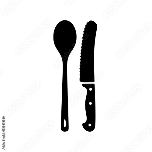 Kitchen utensils silhouette of spoon and serrated knife
