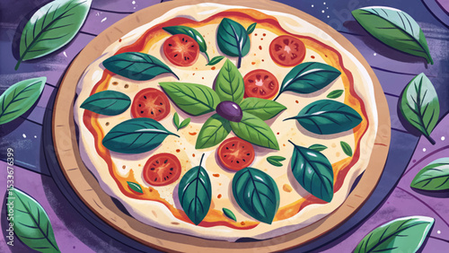 Italian Margherita pizza with fresh basil leaves, melted mozzarella, tomato sauce, and crispy crust – traditional delicious Italian cuisine