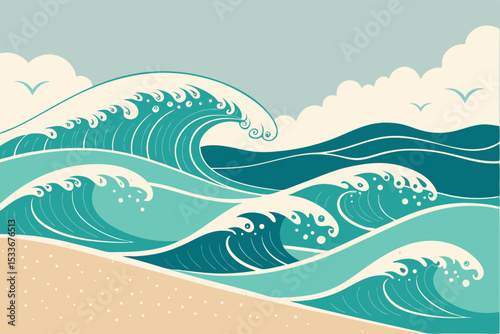 Create a minimalist vector illustration of layered beach waves, emphasizing smooth gradients and geometric shapes.  Focus on a serene, calming aesthetic.