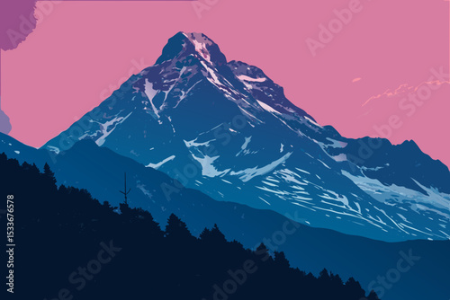Create a minimalist illustration of a mountain peak outline silhouetted against a bold, vibrant gradient background.  Focus on clean lines and simple shapes.