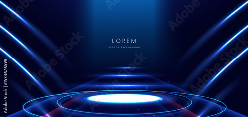 Scene glowing on dark blue background with glowing neon lights podium in futuristic. Concept technology, gamer.