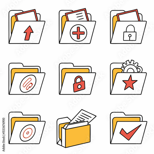 Nine Colorful File Folder Icons Representing Data Management Security and Organization for User Interface Design