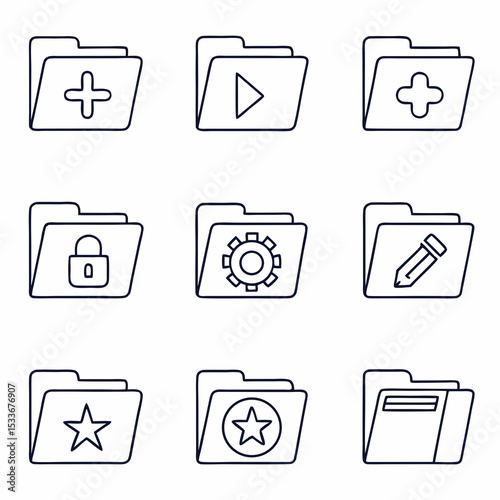 Nine Clean Folder Icons Design Set for App Development User Interface featuring Plus Play Lock Gear Edit Star and Document Symbols