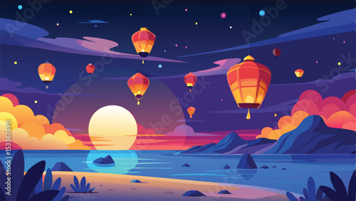 Vibrant evening scene featuring floating lanterns over a serene coastal landscape