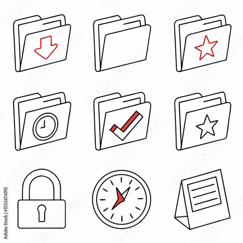 Scalable folder icons design elements featuring clock time management symbols plus lock security and star favorites for efficient workflow apps