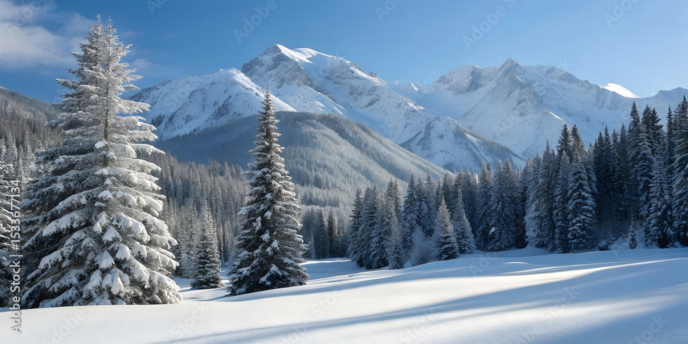 Fototapeta premium Snow-covered trees in a cold winter mountain landscape