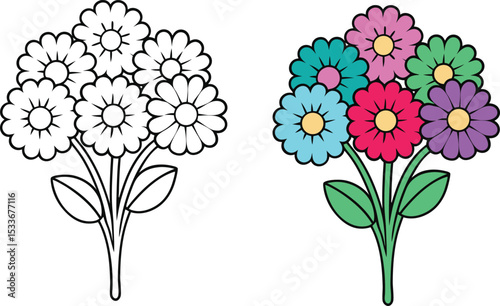 Colorful Flower Bouquet Vector Illustration Outline and Filled Version Daisy Flowers Green Stems