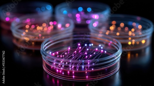 Growing bacteria in Petri dishes on agar gel. Scientific experiment exploring microbiology and cellular growth.