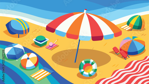 Vibrant isometric beach scene featuring umbrellas towels and summer vacation elements