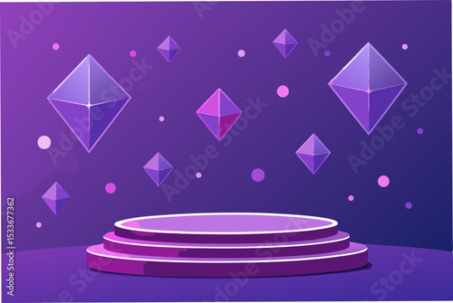 Design a modern promotional banner featuring vibrant, floating 3d geometric shapes against a purple background.  The design should be clean and visually striking.