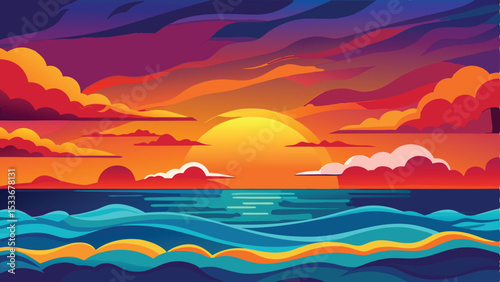 Vibrant sunset over the sea featuring stylized clouds and a bold color palette