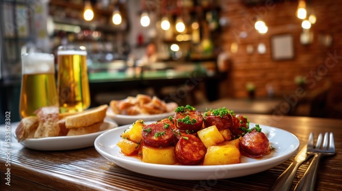 Fototapeta Naklejka Na Ścianę i Meble -  Traditional spanish tapas featuring chorizo a la sidra