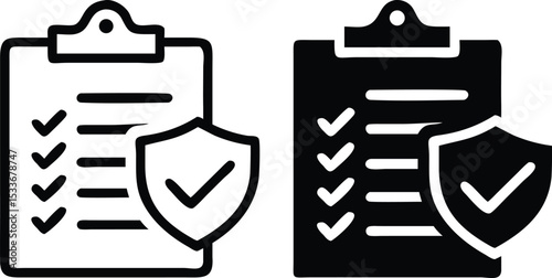 Minimalist Clipboard Checklist Icon – Monochrome Vector Shield and Document Illustration