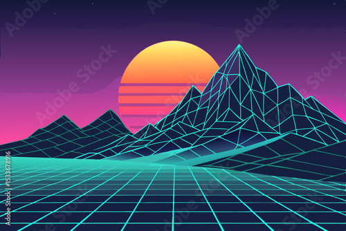 Create a vibrant retro 80s vector illustration of a stylized mountain range bathed in neon sunset light, featuring a prominent neon sun.