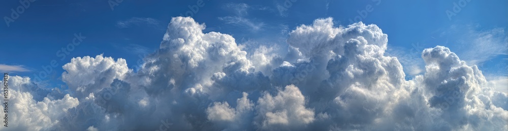 Obraz premium Expansive cumulus clouds dominate a vivid blue sky, their fluffy forms illuminated by sunlight, creating a breathtaking panoramic view
