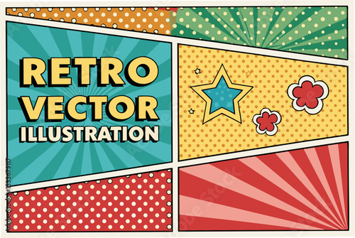 Create a retro-style discount vector graphic featuring bold typography, vibrant pop art-style dots, and a dynamic composition.