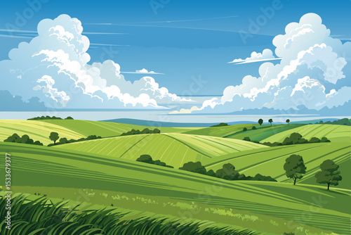 Serene rolling green hills bathed in sunlight under a vibrant blue sky; clouds subtly present, idyllic countryside scene.