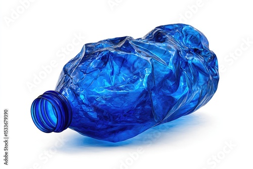 A crumpled, translucent blue plastic bottle lies on its side against a white background, casting a subtle shadow