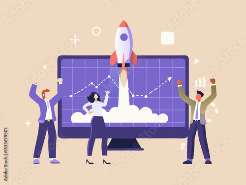 Business Startup Success with Team Celebrating Launch Rocket Launching from Computer Screen with Graph Business Growth and Achievement Concept