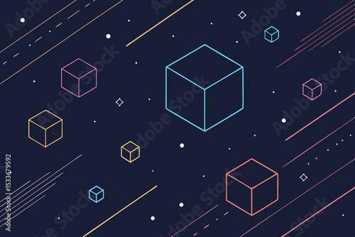 Generate a dark, minimalist image featuring several abstract, floating cubes and intersecting lines, rendered in a clean, geometric style.  Emphasis on negative space.