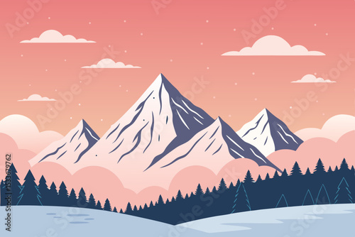 Minimalist vector illustration of majestic snowy mountain peaks silhouetted against a vibrant pink and orange sunrise or sunset sky.