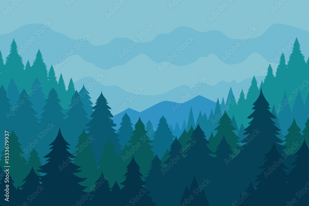 Fototapeta premium Serene Mountain Forest Landscape A Breathtaking View of Evergreen Trees and Misty Peaks