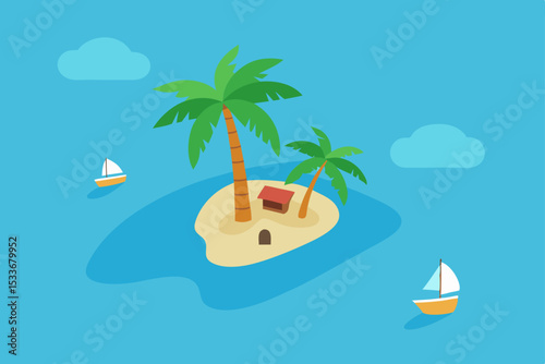 Tropical Island Paradise Tiny Island Getaway with Palm Trees and Sailboats