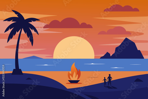 Tropical sunset on a summer beach with palm trees and ocean waves, a perfect island paradise vacation